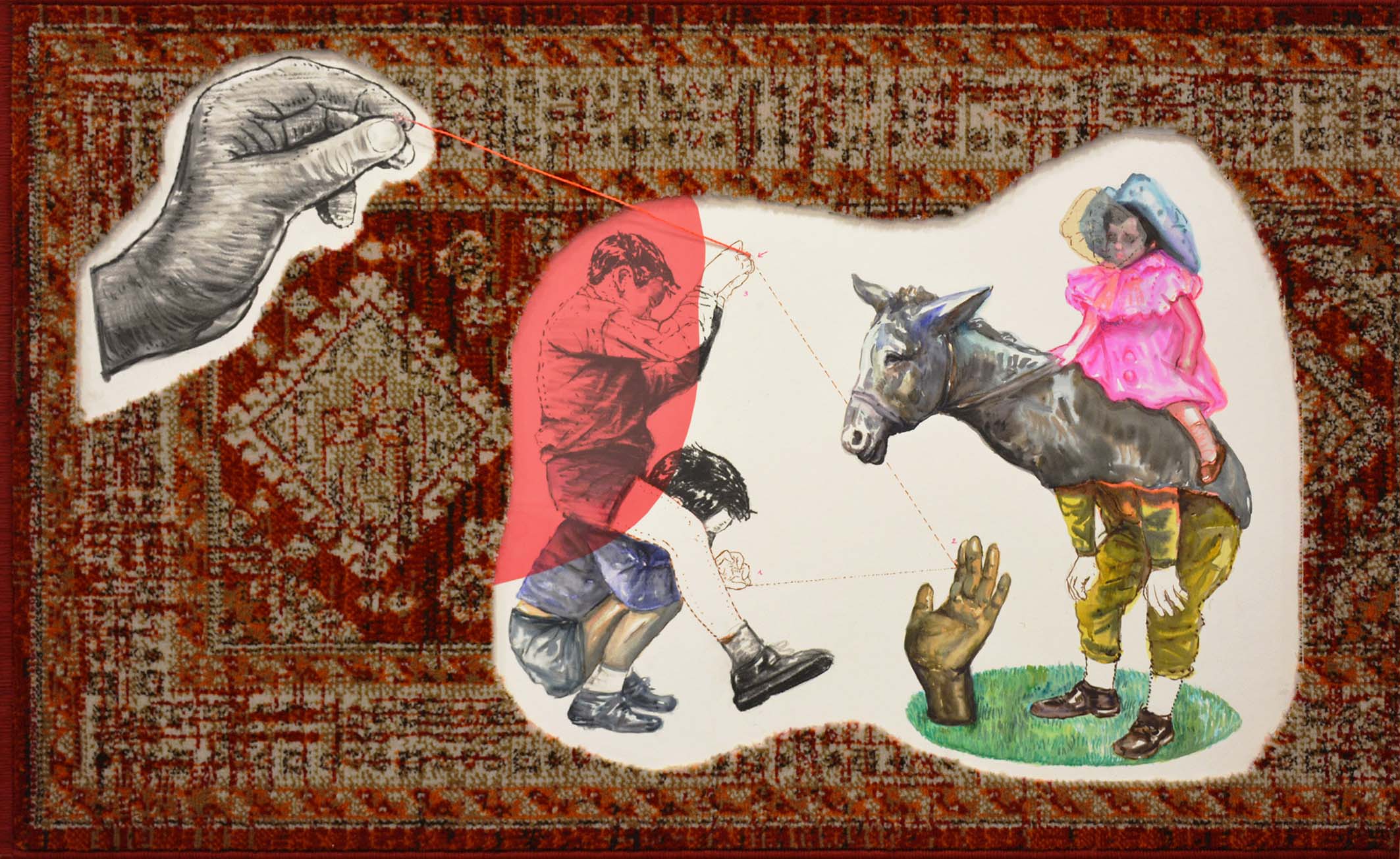 He is under the adorable enigma sheltered - mixed technique and carpet mounted on wood