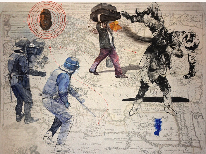 Lignes de démarcation - technique mixte sur papier marouflé sur bois- 122x160- 2018