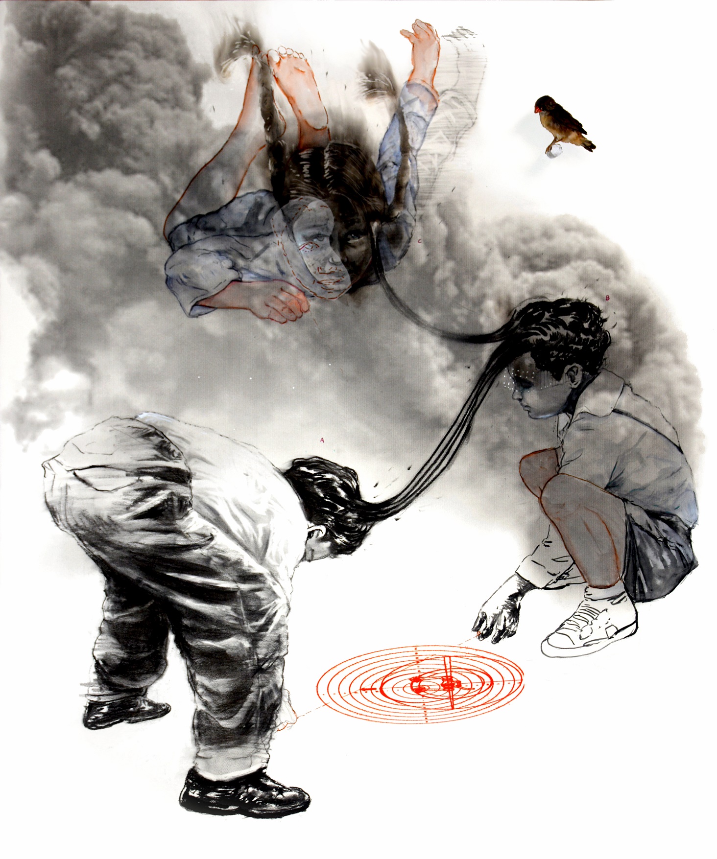 la conférence des oiseaux Technique mixte et taxidermie sur papier 120x100