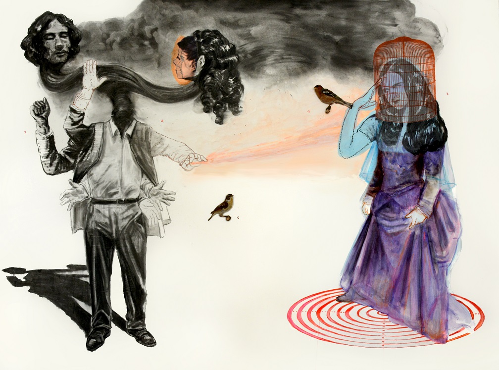 Le portrait de l'oiseau qui n'existe pas - technique mixte - taxidermie sur papier marouflé sur bois - 120x160 - 2020