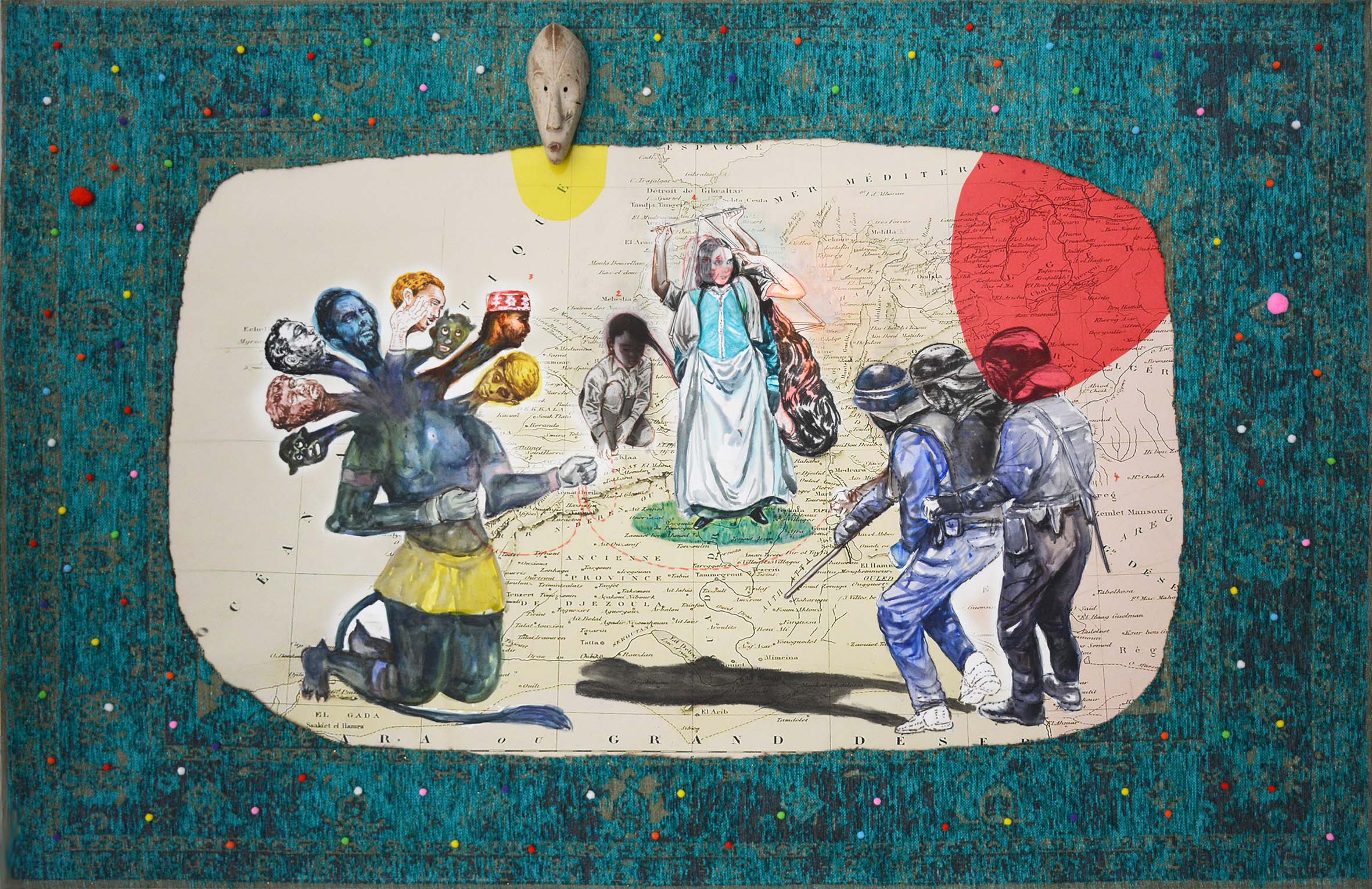 Passeurs D'ecume entre vos continents- Technique mixte et tapis marouflé sur bois 120x180- 2024 