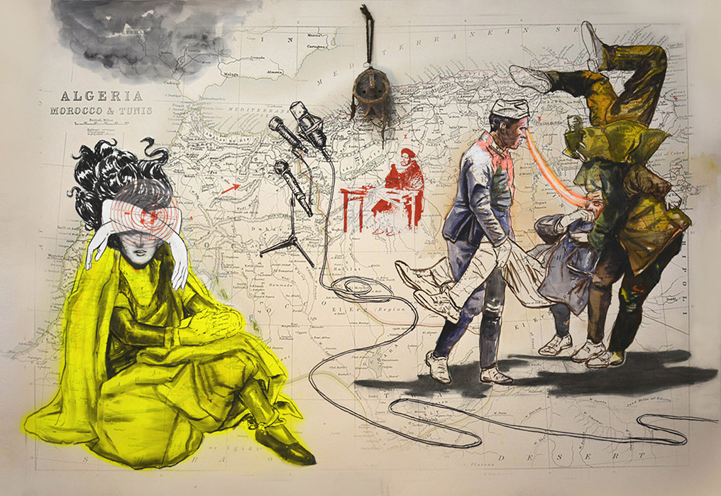 L'aube avait du plomb dans l'aile - Masque passeport et technique mixte sur papier marouflé sur bois -110x160 -2022